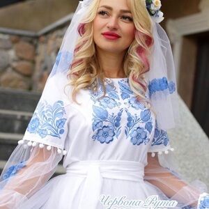 Wedding dress, traditional, Ukrainian style, detailed handmade embroidered.